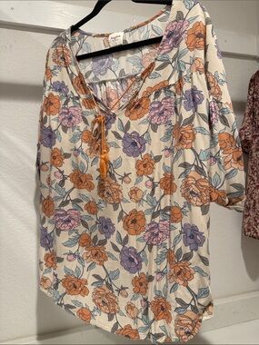 Knox Rose Cream Floral Peasant Tunic with Orange & Lavender Blooms
